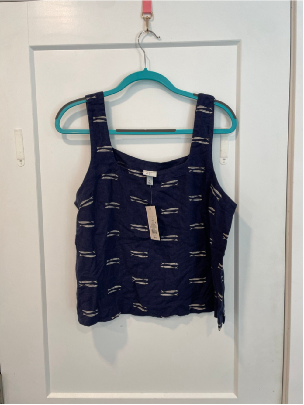 Women's A New Day Tank Top Size L Navy Cream Fish Print Linen Blend NWT